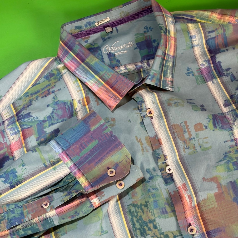 Vintage 90s Visconti Uomo Button Up Shirt Mens 2XLB Blue Abstract AOP Italy Made